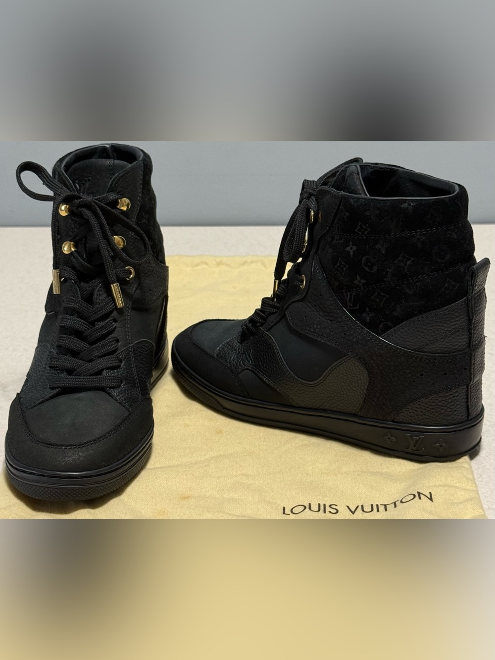 Louis Vuitton Cliff Top Wedge Sneakers in black leather and suede